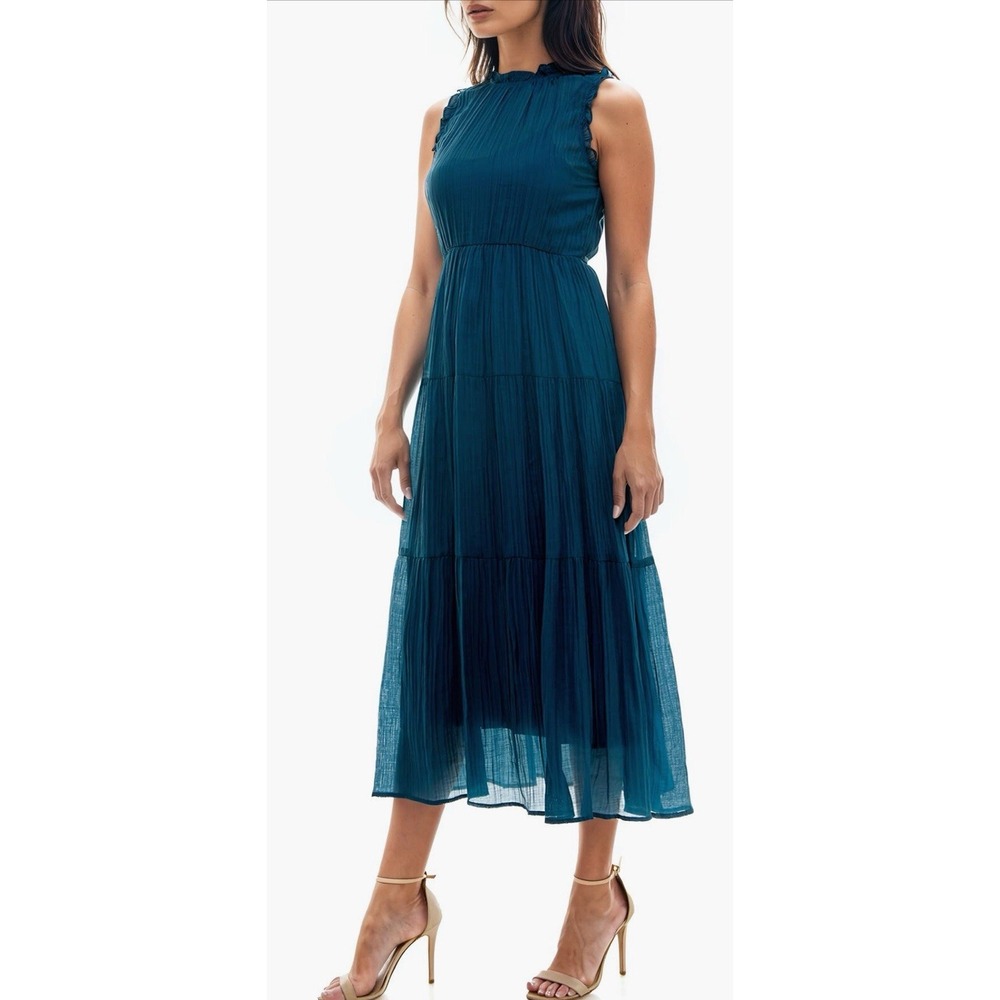 Socialite Crinkle Tiered Sleeveless Midi Dress Lined Dark Teal Blue Size S - Picture 3 of 12
